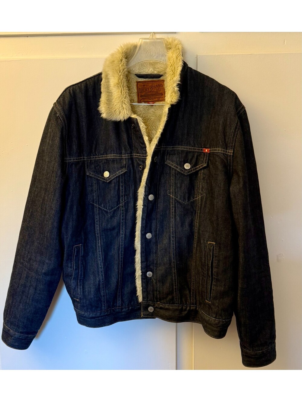 Lucky Brand blue TRUCKER denim jacket with white faux fur lining - Size L